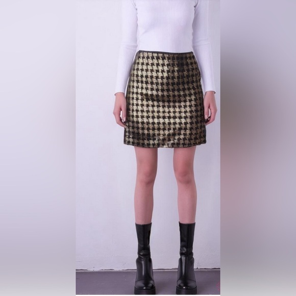 EUC BAGATELLE Elegant Black and Brown Houndstooth  SEQUENCE MINI Skirt - Picture 1 of 7